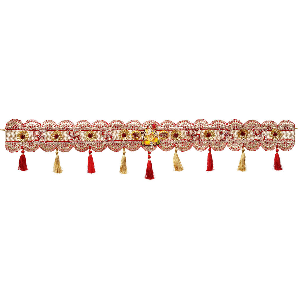 Toran de porte traditionnel fait main orné d'un svastika rouge et de Ganesh pour la décoration de Diwali | Article cadeau de Diwali (43 pouces)
