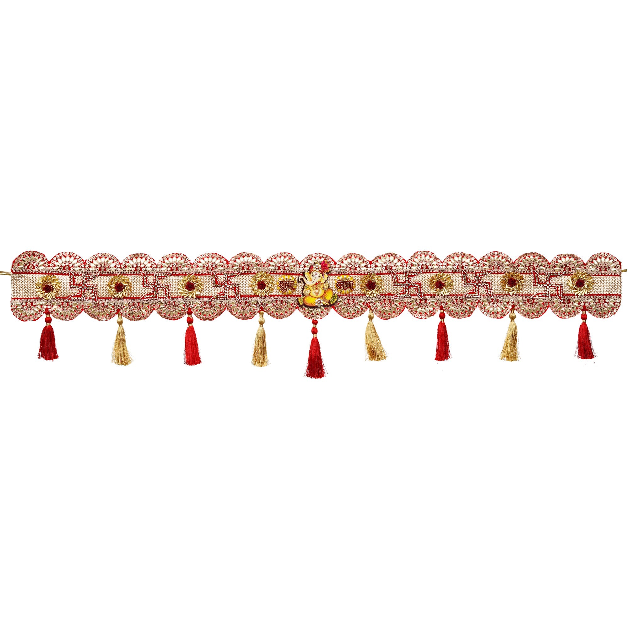 Toran de porte traditionnel fait main orné d'un svastika rouge et de Ganesh pour la décoration de Diwali | Article cadeau de Diwali (43 pouces)