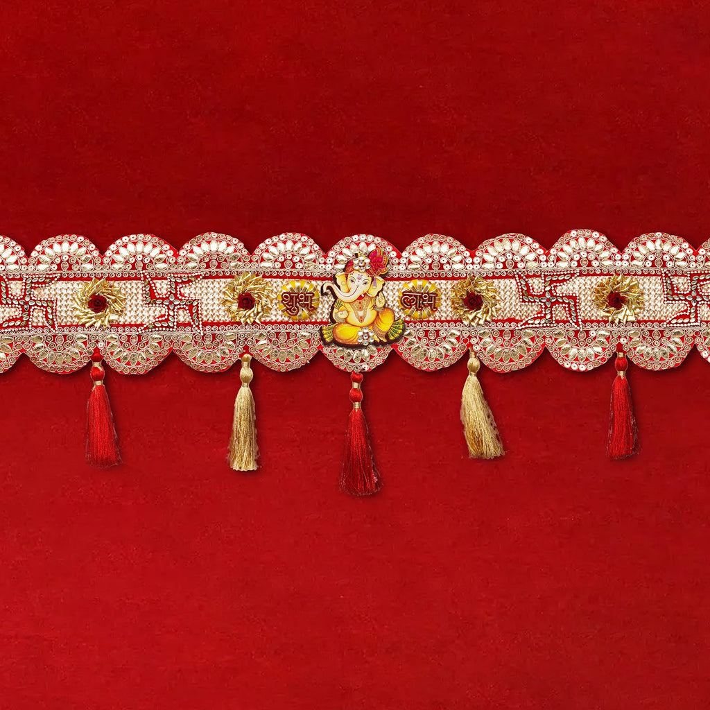 Toran de porte traditionnel fait main orné d'un svastika rouge et de Ganesh pour la décoration de Diwali | Article cadeau de Diwali (43 pouces)