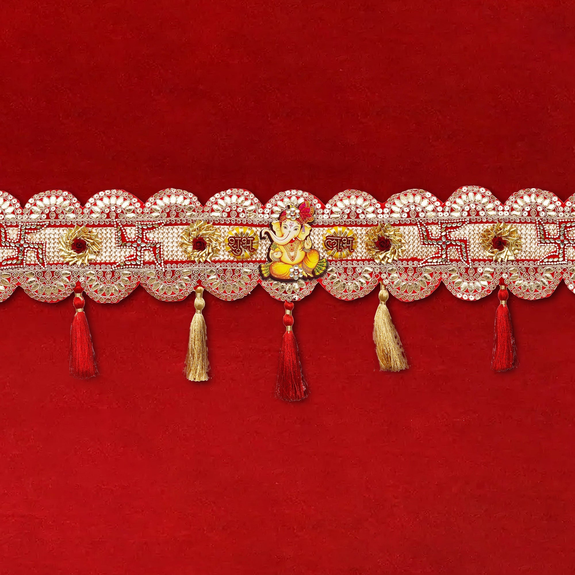 Toran de porte traditionnel fait main orné d'un svastika rouge et de Ganesh pour la décoration de Diwali | Article cadeau de Diwali (43 pouces)