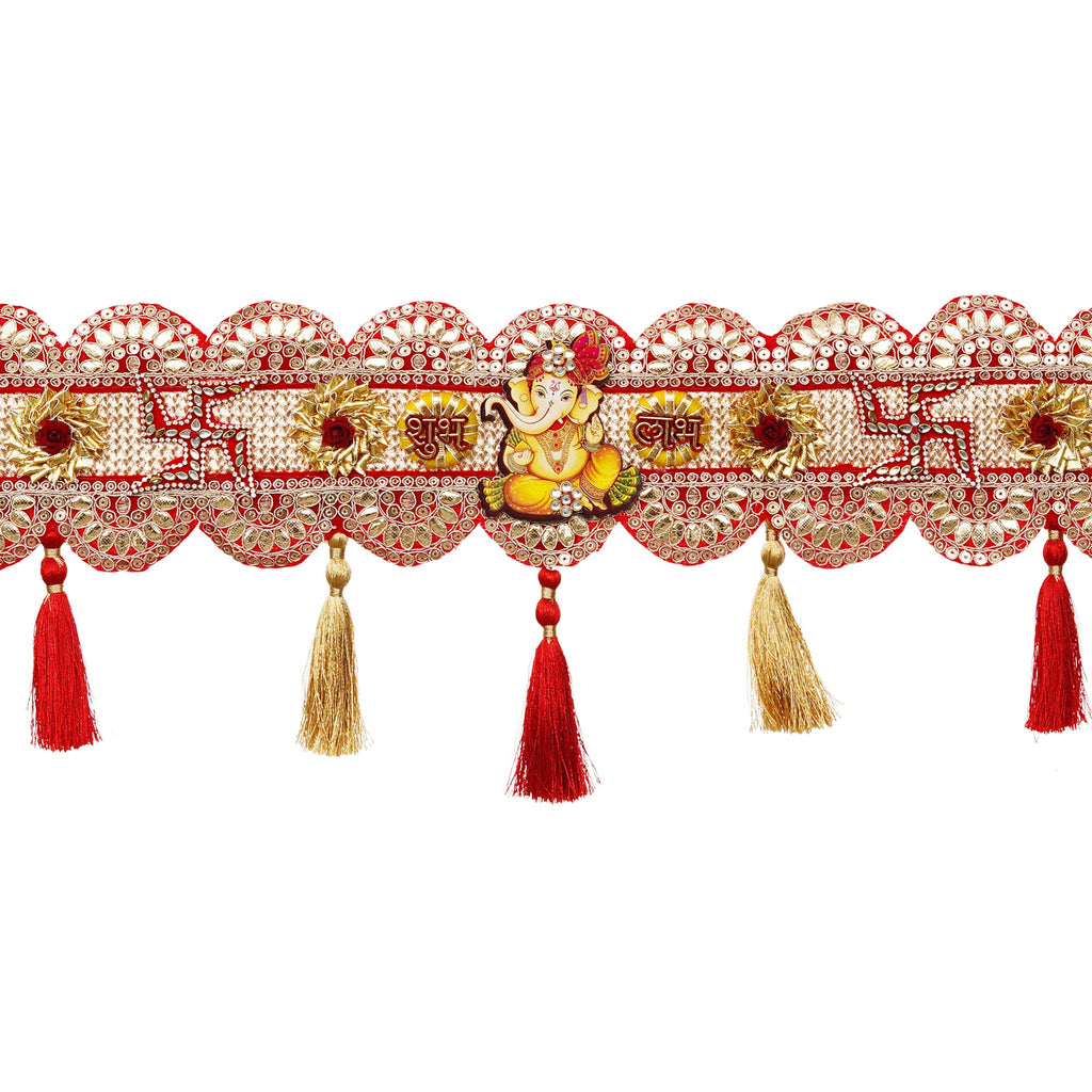 Toran de porte traditionnel fait main orné d'un svastika rouge et de Ganesh pour la décoration de Diwali | Article cadeau de Diwali (43 pouces)