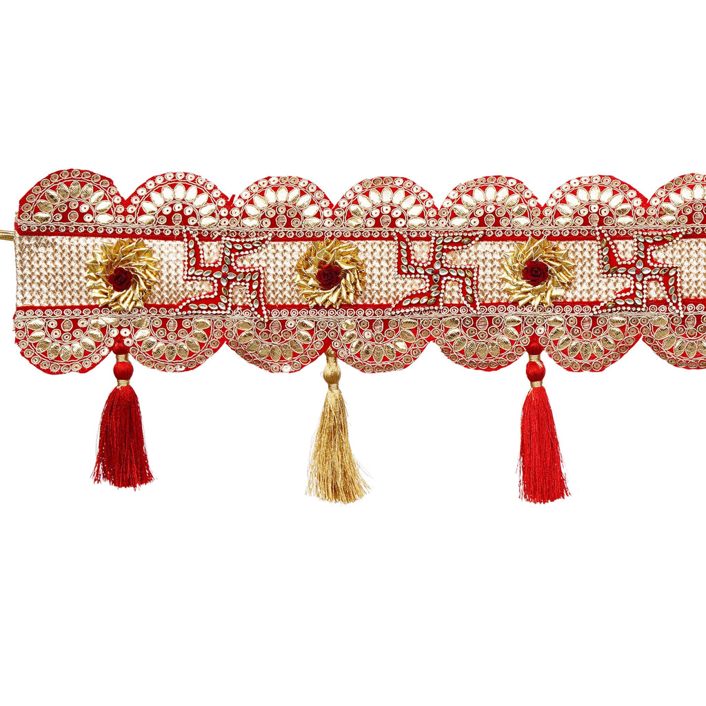 Toran de porte traditionnel fait main orné d'un svastika rouge et de Ganesh pour la décoration de Diwali | Article cadeau de Diwali (43 pouces)