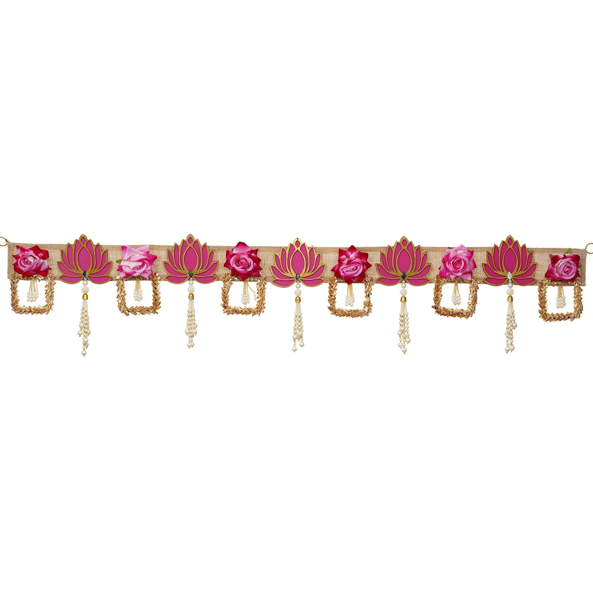 Toran traditionnel fait main avec des fleurs de lotus roses et des Latkans, idéal pour la décoration de portes à Diwali (41 pouces)
