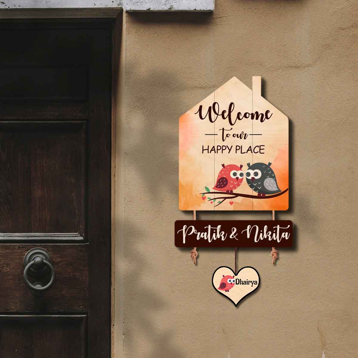 Plaque de bienvenue chouette en forme de maison, décoration de bureau en bois, 48 x 15 cm