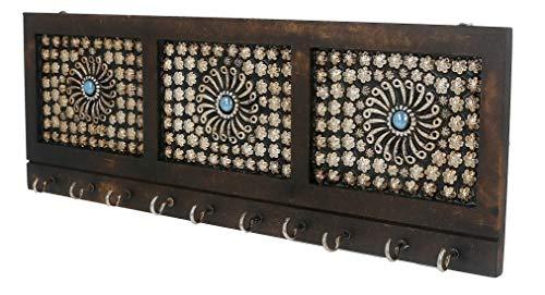 Magnifique porte-clés mural en bois clouté de fleurs argentées (10 crochets, marron, argent)