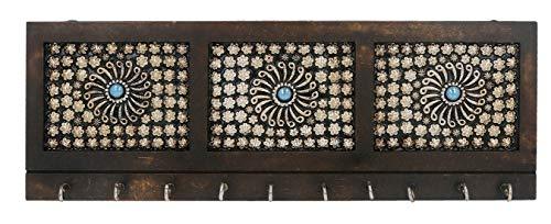 Magnifique porte-clés mural en bois clouté de fleurs argentées (10 crochets, marron, argent)