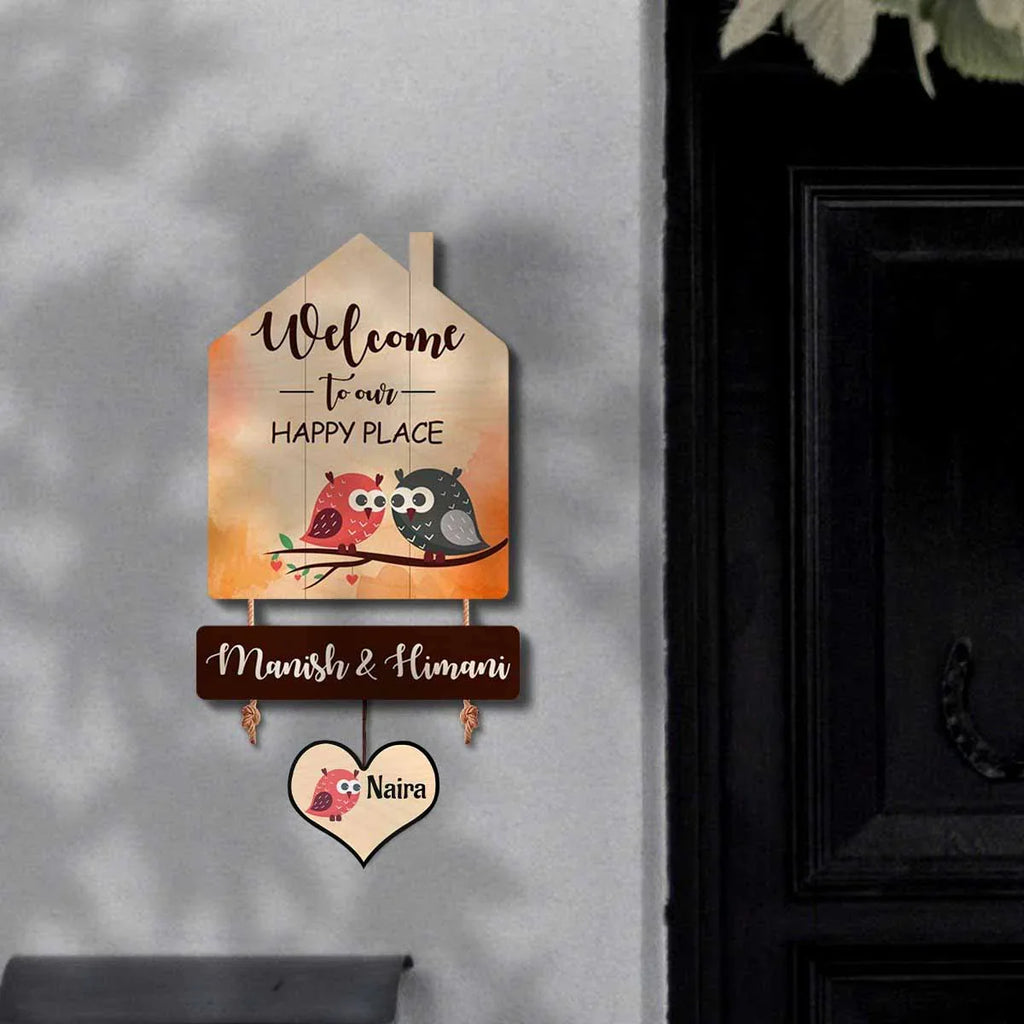 Plaque de bienvenue chouette en forme de maison, décoration de bureau en bois, 48 x 15 cm