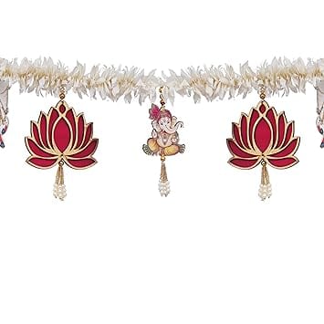 Toran / Décoration de porte traditionnelle faite à la main Motif Lotus et Ganesh avec Vache – pour porte, 101,6 cm de long, multicolore