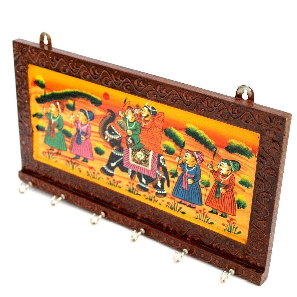 Porte-clés mural en bois style art Rajasthani à 6 crochets - Marron (30 x 15 cm)