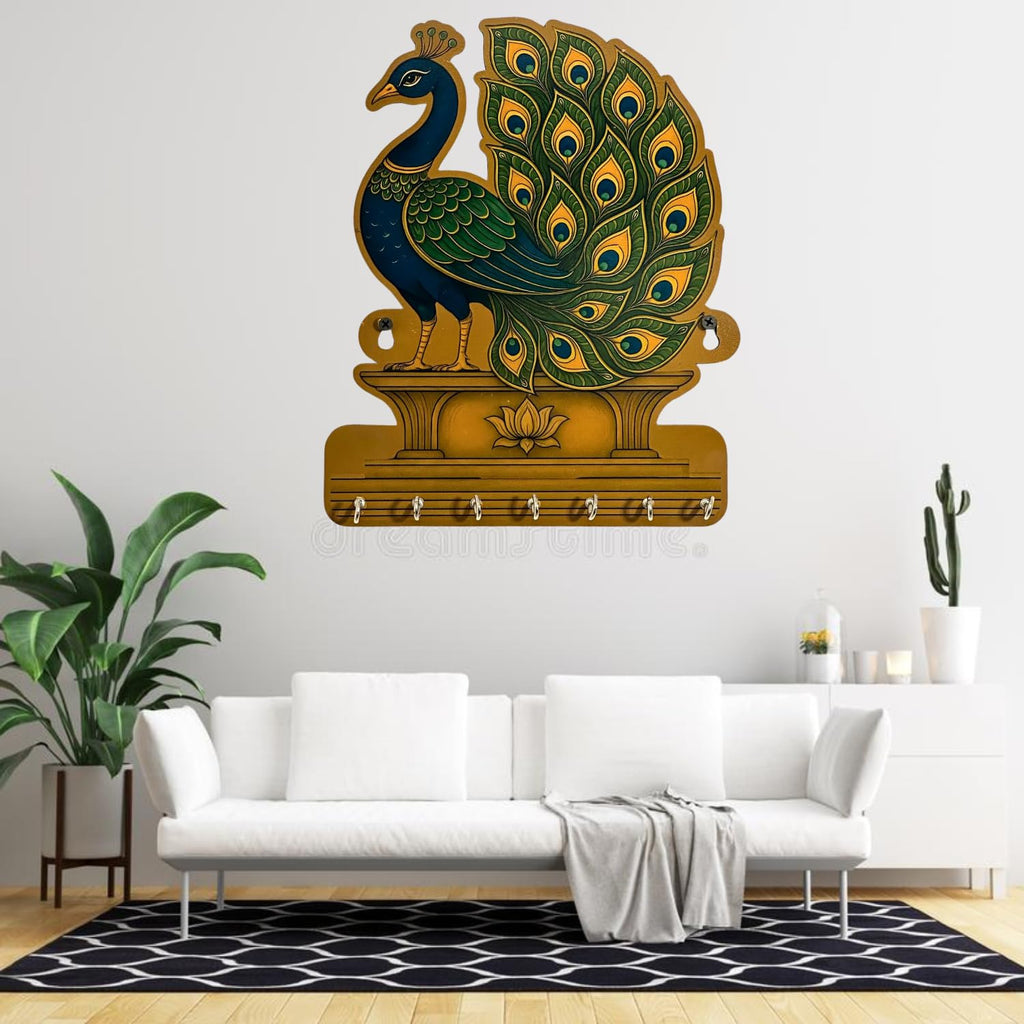 Porte-clés mural décoratif paon en bois de qualité supérieure avec 7 crochets, porte-clés pour la décoration intérieure, porte-clés mural (30 cm)