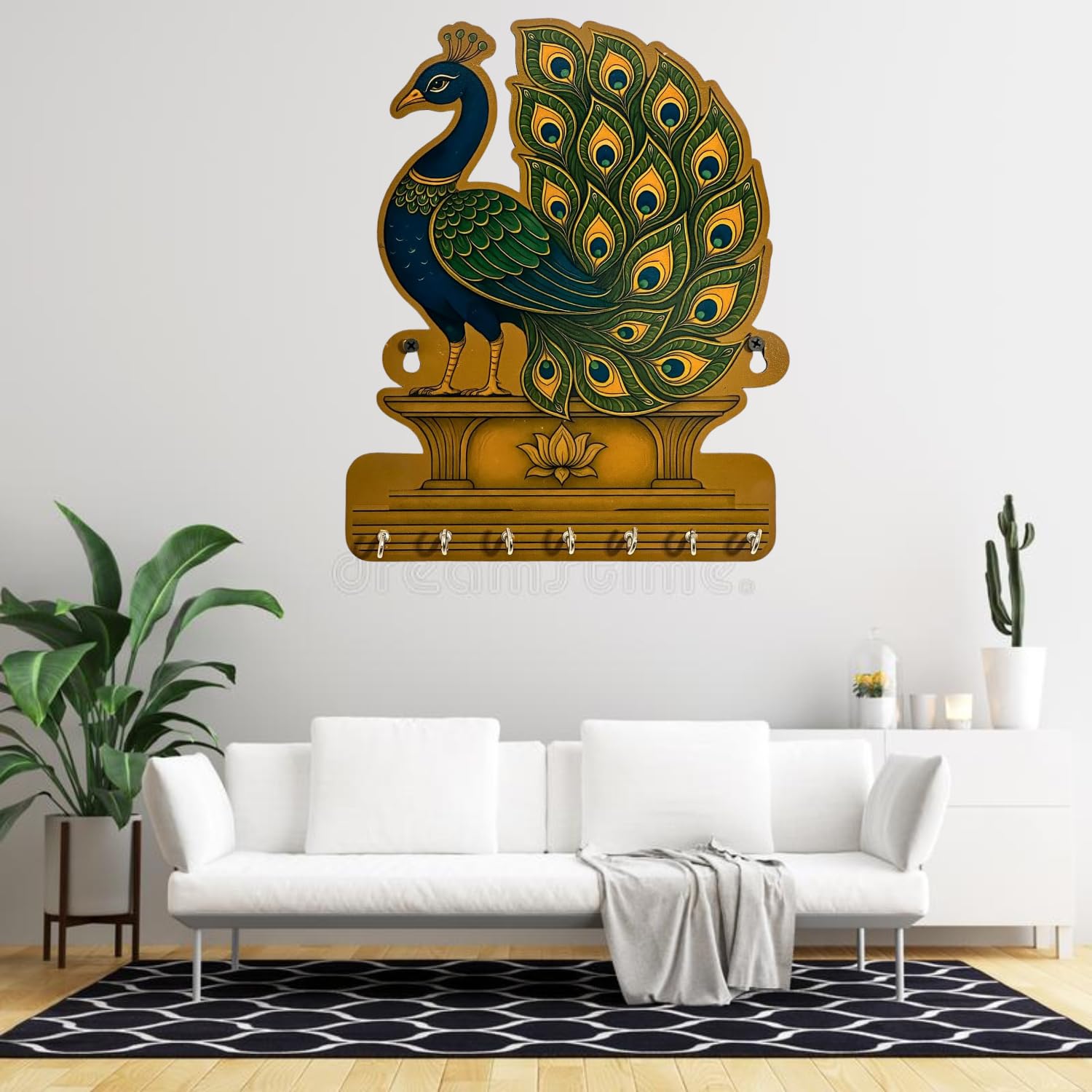 Porte-clés mural décoratif paon en bois de qualité supérieure avec 7 crochets, porte-clés pour la décoration intérieure, porte-clés mural (30 cm)