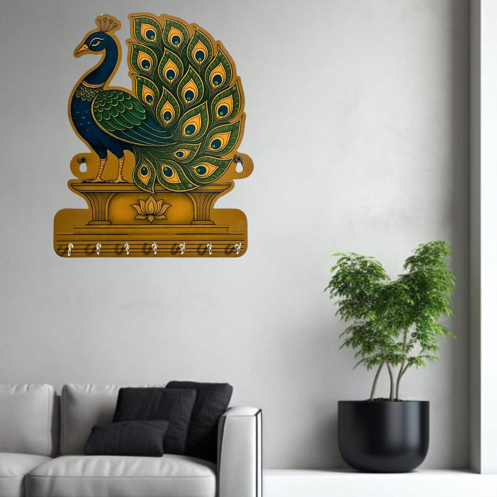 Porte-clés mural décoratif paon en bois de qualité supérieure avec 7 crochets, porte-clés pour la décoration intérieure, porte-clés mural (30 cm)