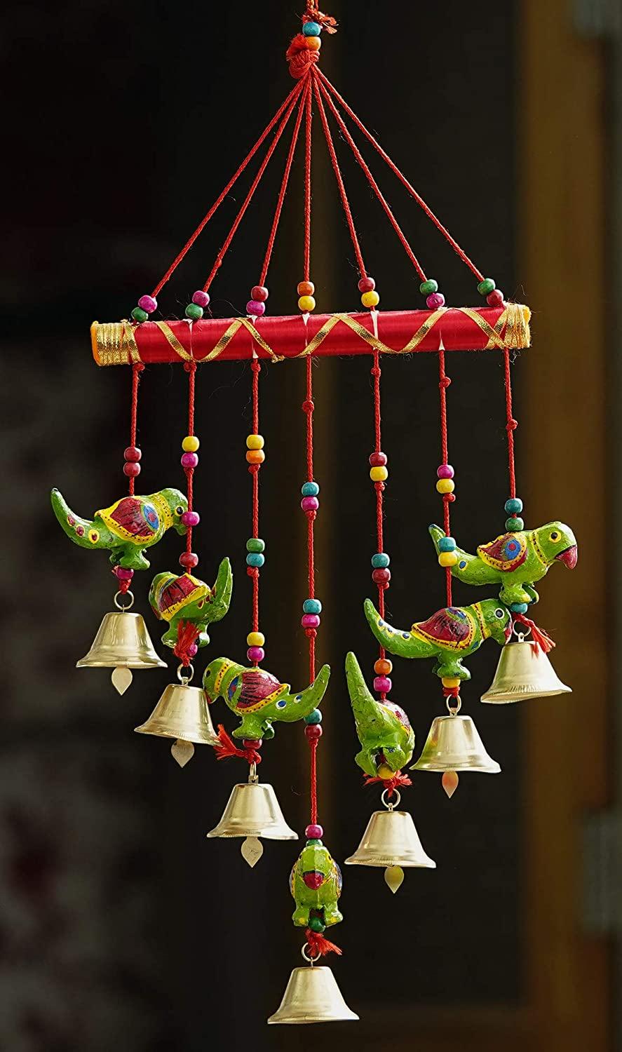 Décoration Murale Faite à la Main, Design Oiseaux et Clochettes Rajasthani - 45 cm (Bois) (Modèle 9)