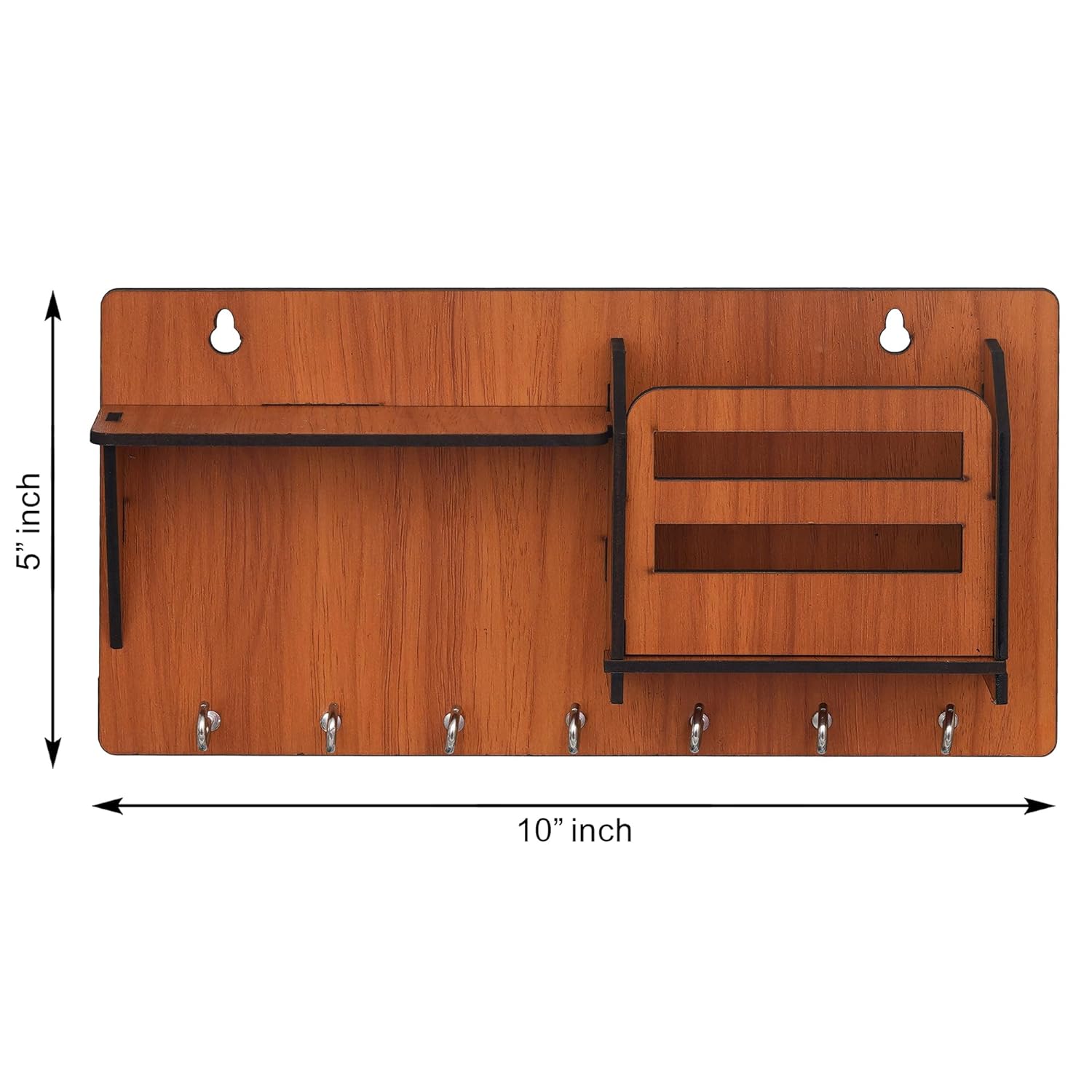 Support mural latéral pour clés en bois finition mate, porte-clés avec 7 crochets (marron) pour la maison et le bureau (10x 5)