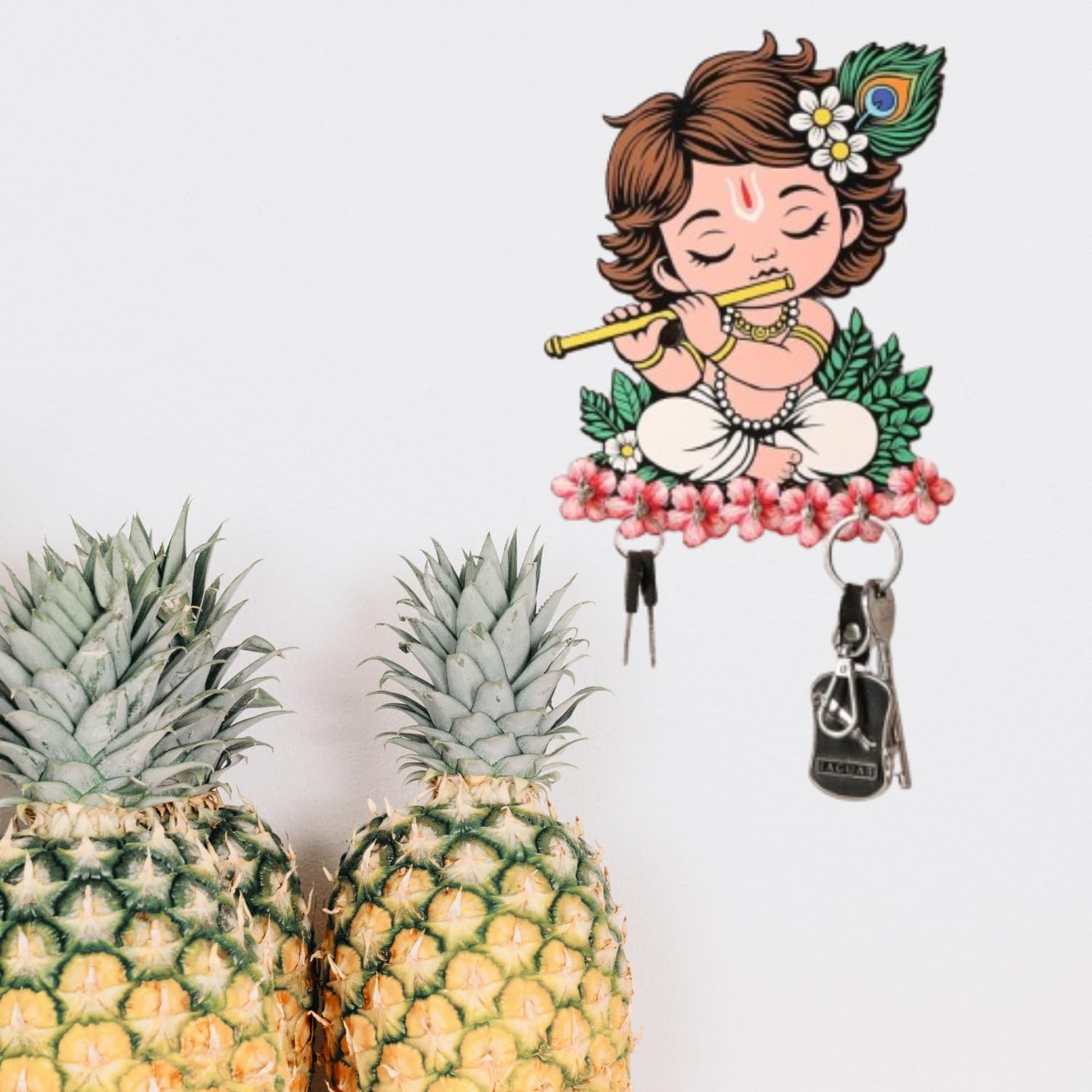 Porte-clés mural décoratif Premium en bois motif mignon Krishna pour la maison/le bureau, support pour clés mural pour la maison