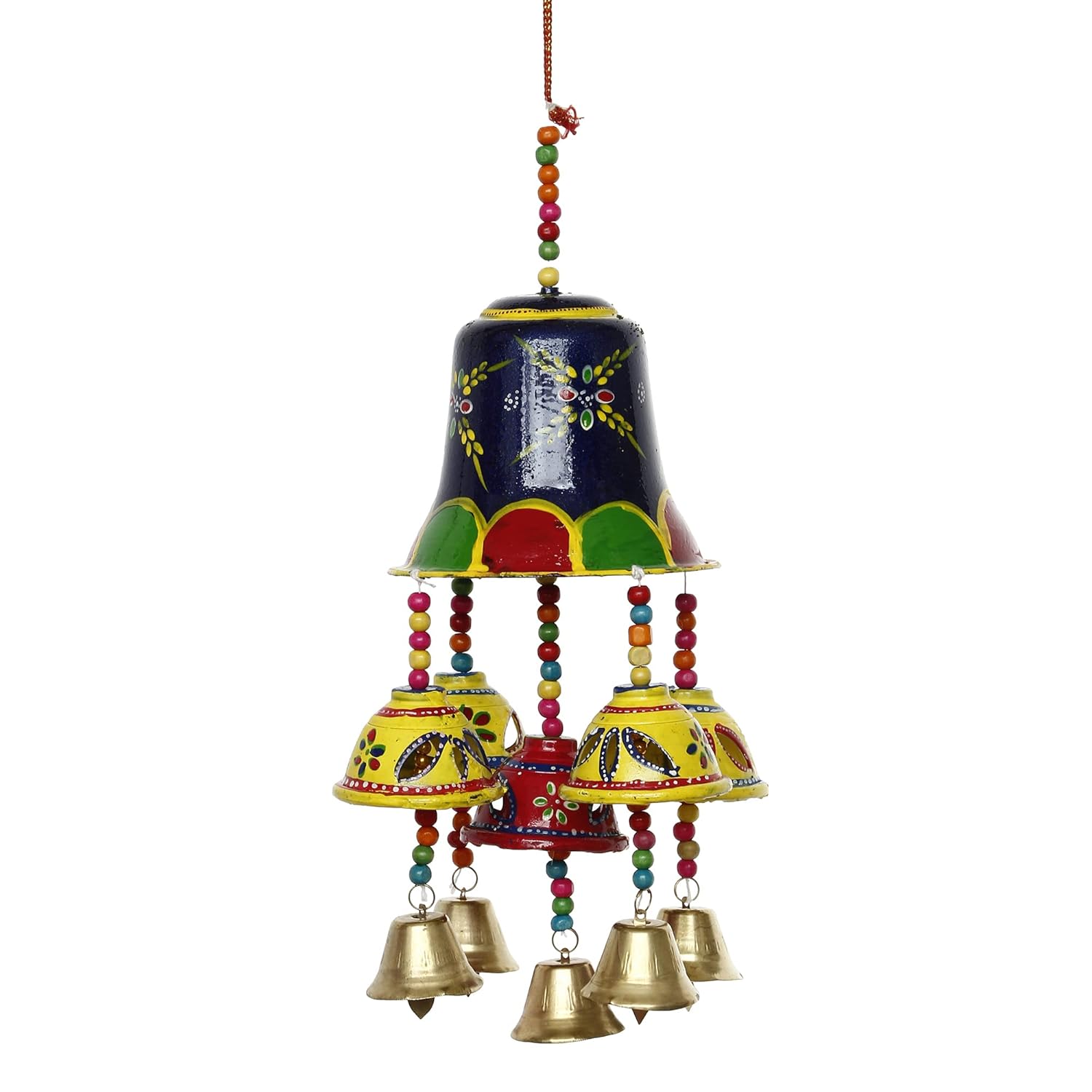 Décoration murale artisanale de 30 cm en bois, motif oiseaux et clochettes du Rajasthan