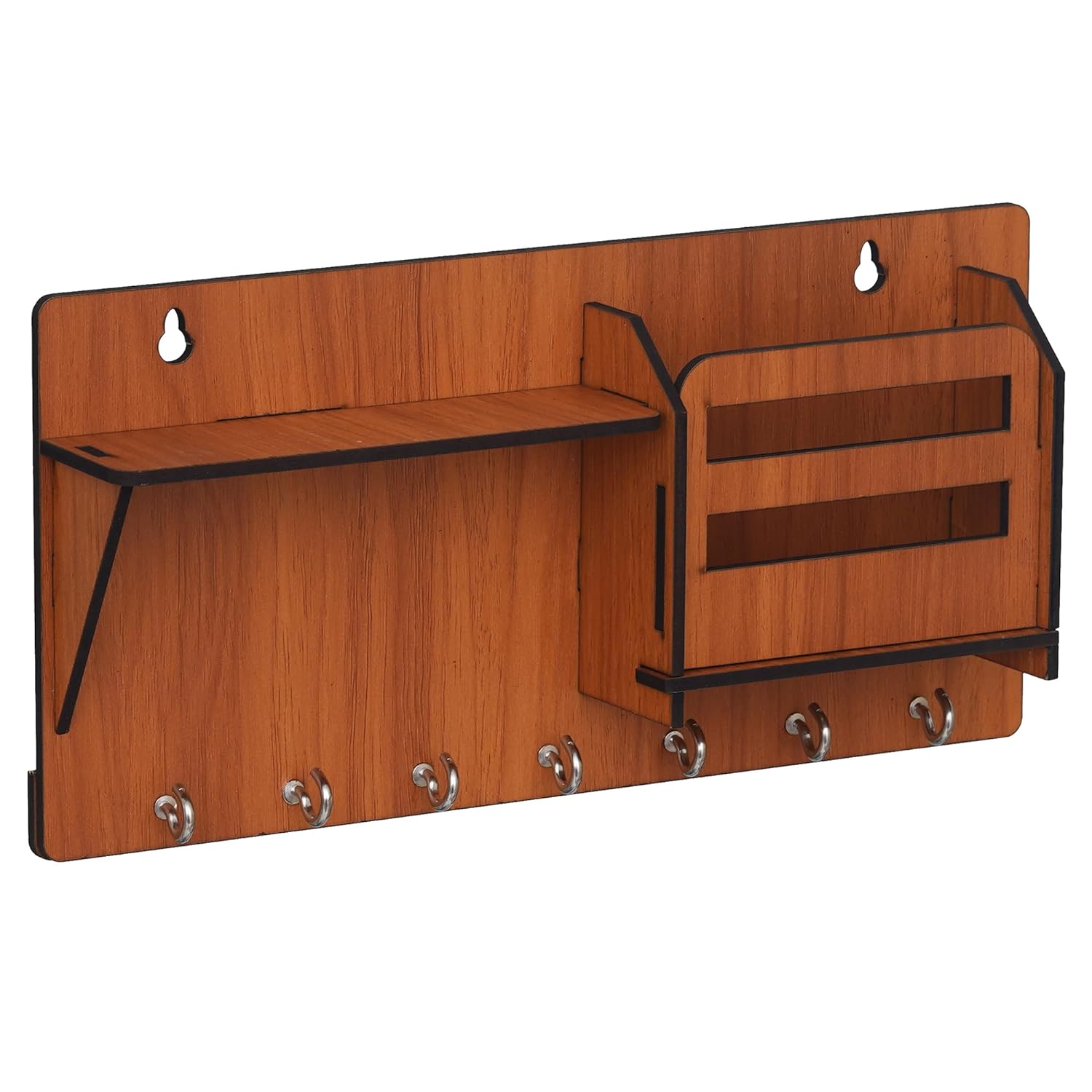 Support mural latéral pour clés en bois finition mate, porte-clés avec 7 crochets (marron) pour la maison et le bureau (10x 5)
