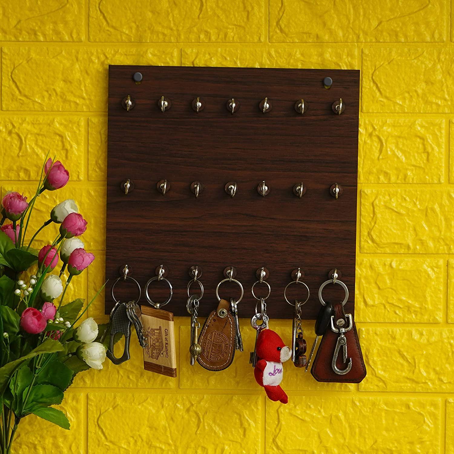 Porte-clés mural haut de gamme en bois – 21 crochets (Marron)