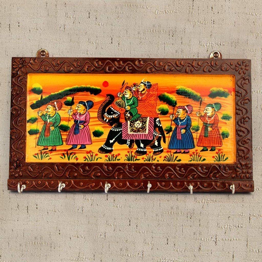 Porte-clés mural en bois style art Rajasthani à 6 crochets - Marron (30 x 15 cm)