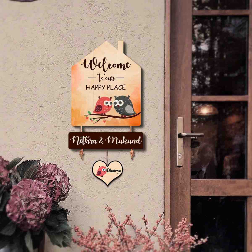 Plaque de bienvenue chouette en forme de maison, décoration de bureau en bois, 48 x 15 cm