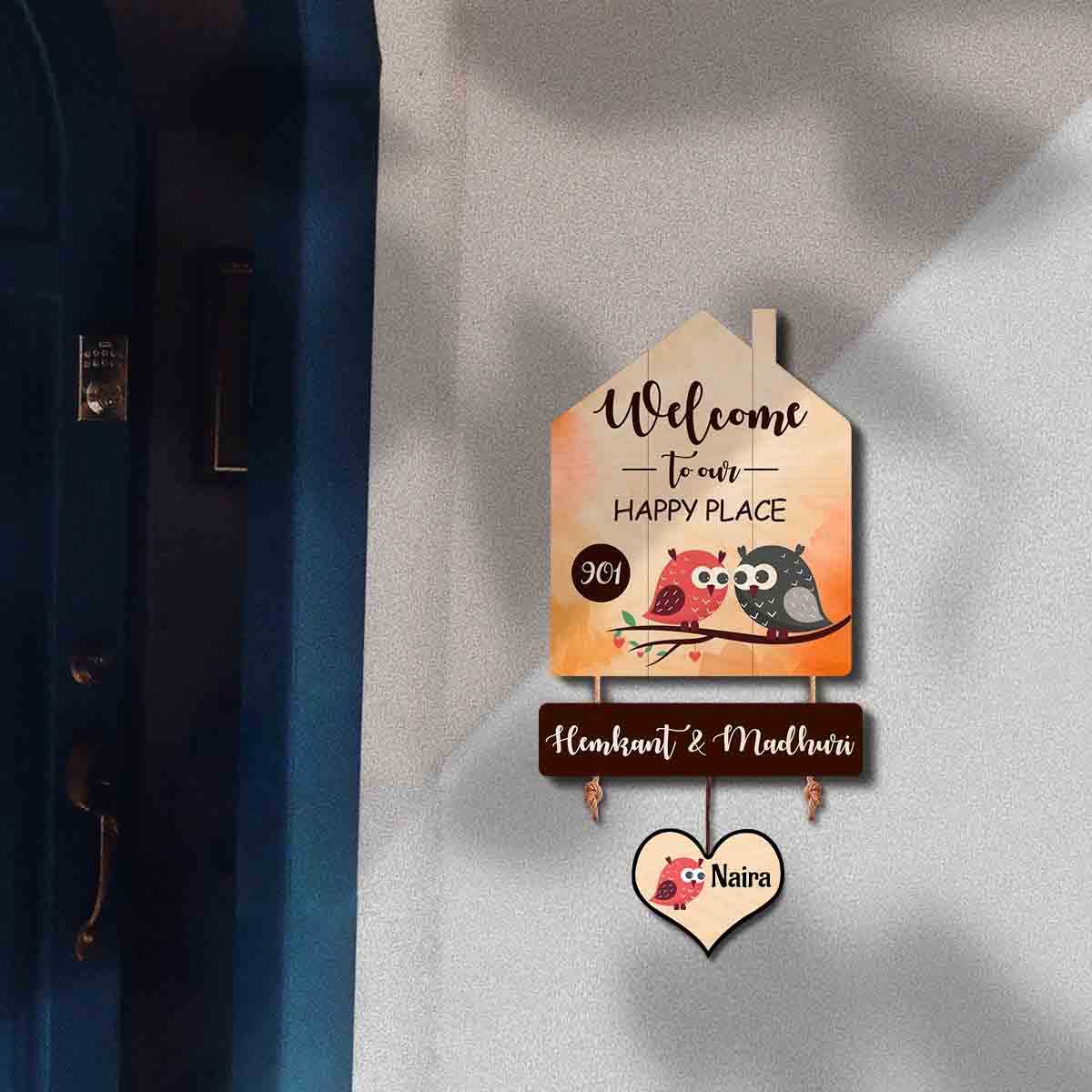 Plaque de bienvenue chouette en forme de maison, décoration de bureau en bois, 48 x 15 cm