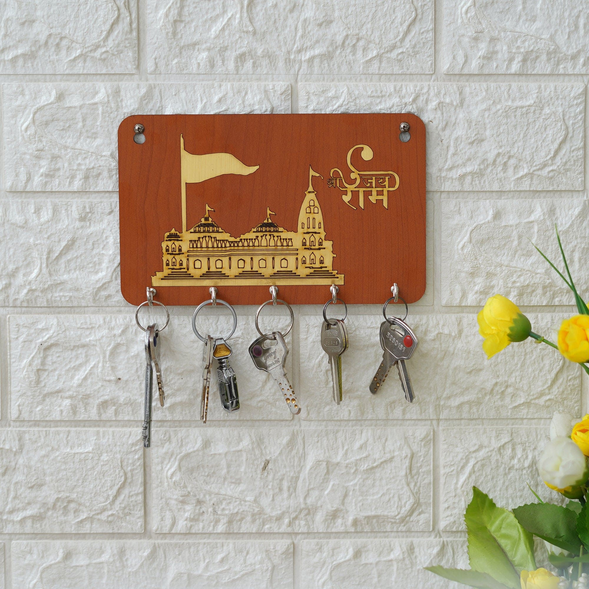 Porte-clés mural en bois de modèle premium pour la décoration intérieure et de bureau / Support de clés pour la maison - Orange, Doré - 20 cm