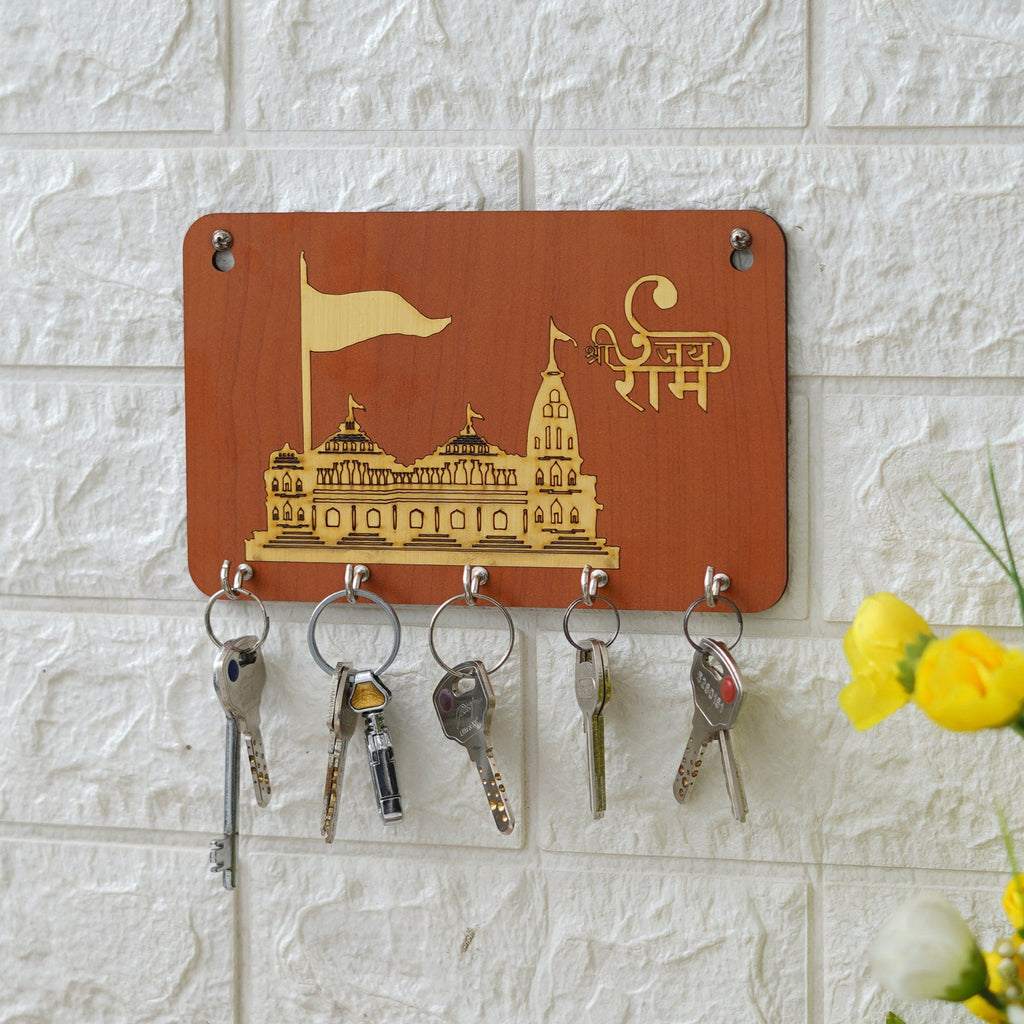 Porte-clés mural en bois de modèle premium pour la décoration intérieure et de bureau / Support de clés pour la maison - Orange, Doré - 20 cm