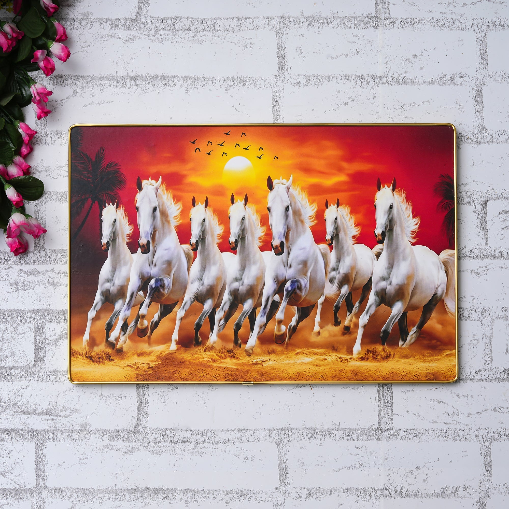Premium Grand Sept Chevaux Galopants avec Cadre pour Mur Vastu Impression UV, Peinture sur Toile Fond Coucher de Soleil, Grande Peinture Décorative Sept Chevaux pour Salon Maison, (8 MM 44 CM)