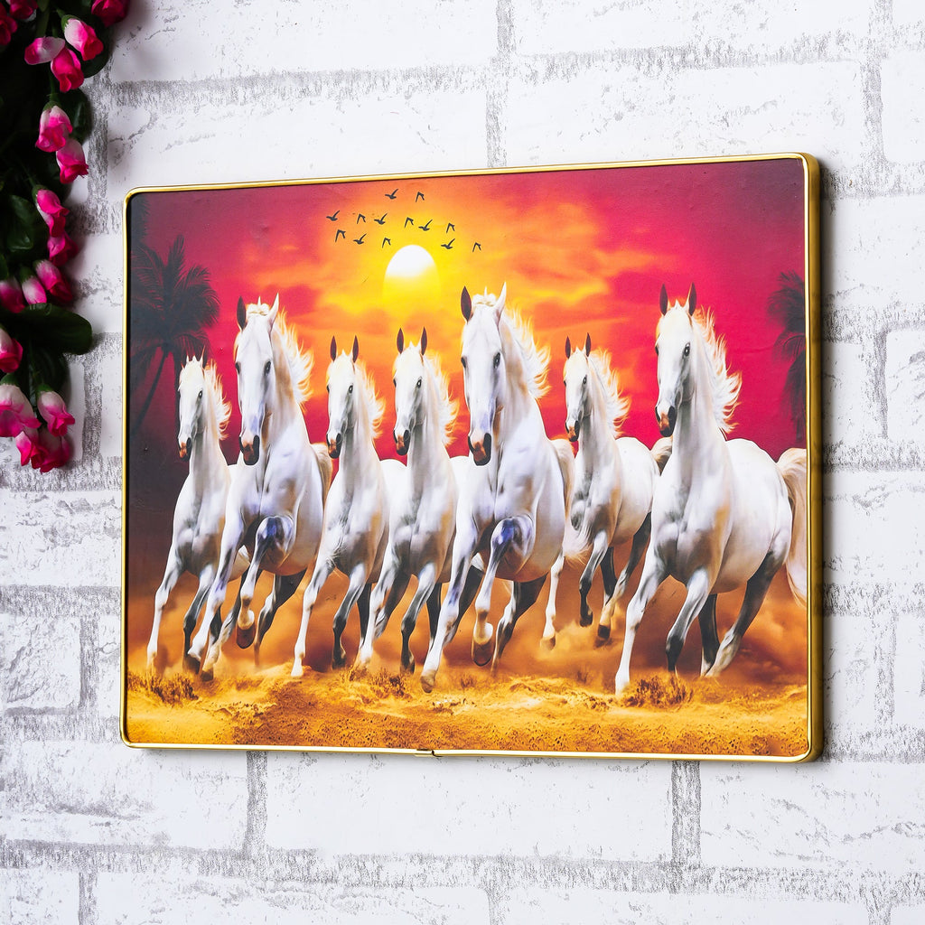 Premium Grand Sept Chevaux Galopants avec Cadre pour Mur Vastu Impression UV, Peinture sur Toile Fond Coucher de Soleil, Grande Peinture Décorative Sept Chevaux pour Salon Maison, (8 MM 44 CM)