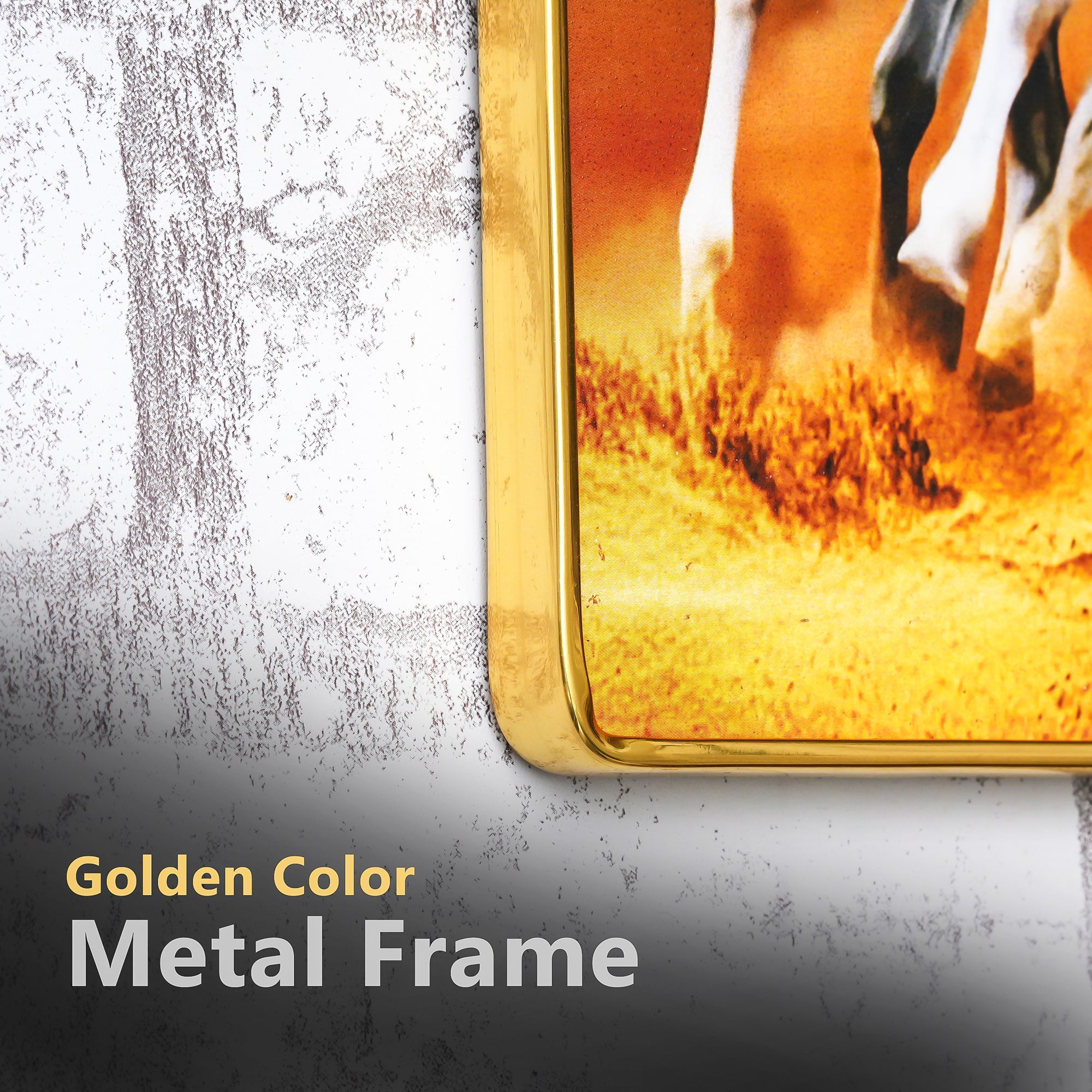 Premium Grand Sept Chevaux Galopants avec Cadre pour Mur Vastu Impression UV, Peinture sur Toile Fond Coucher de Soleil, Grande Peinture Décorative Sept Chevaux pour Salon Maison, (8 MM 44 CM)