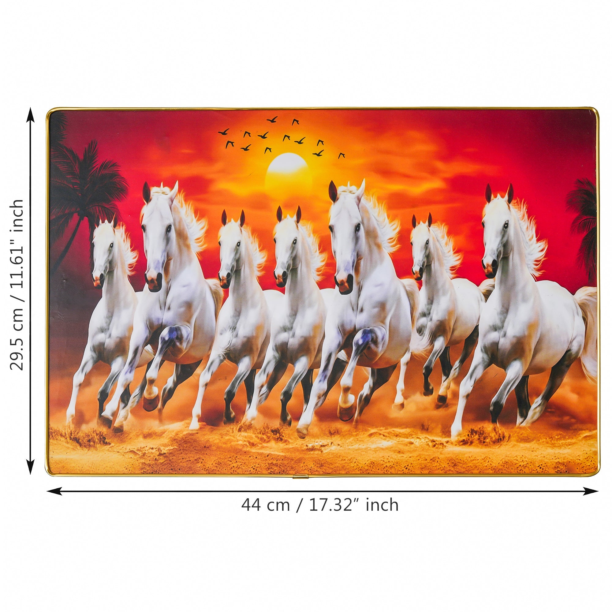 Premium Grand Sept Chevaux Galopants avec Cadre pour Mur Vastu Impression UV, Peinture sur Toile Fond Coucher de Soleil, Grande Peinture Décorative Sept Chevaux pour Salon Maison, (8 MM 44 CM)