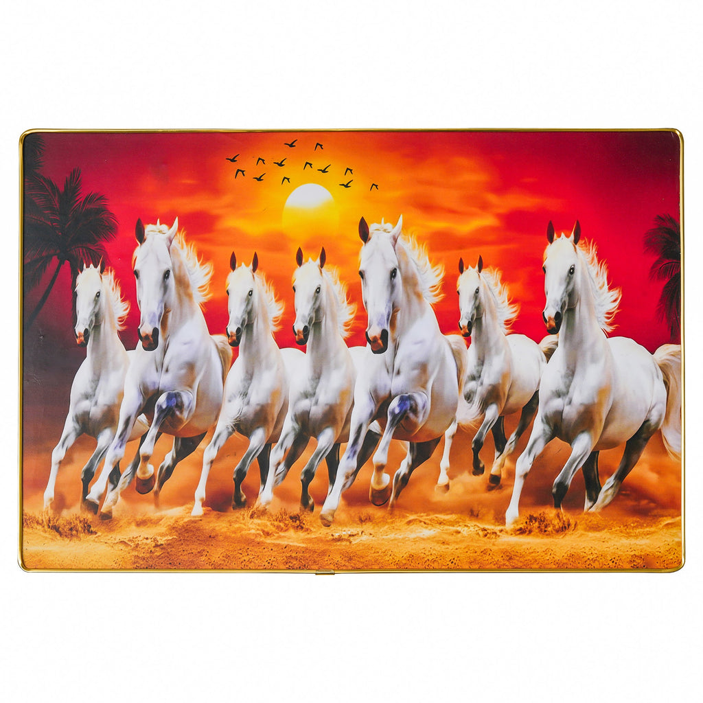 Premium Grand Sept Chevaux Galopants avec Cadre pour Mur Vastu Impression UV, Peinture sur Toile Fond Coucher de Soleil, Grande Peinture Décorative Sept Chevaux pour Salon Maison, (8 MM 44 CM)