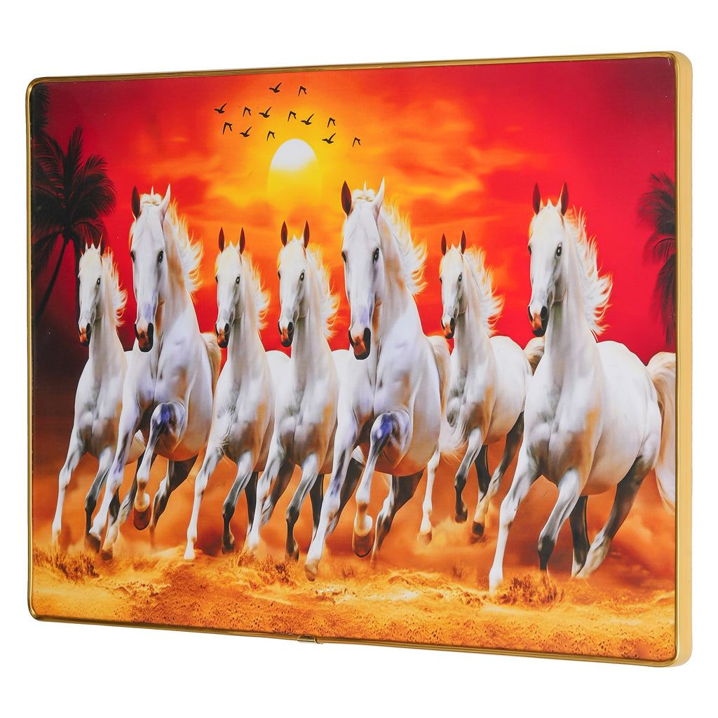 Premium Grand Sept Chevaux Galopants avec Cadre pour Mur Vastu Impression UV, Peinture sur Toile Fond Coucher de Soleil, Grande Peinture Décorative Sept Chevaux pour Salon Maison, (8 MM 44 CM)