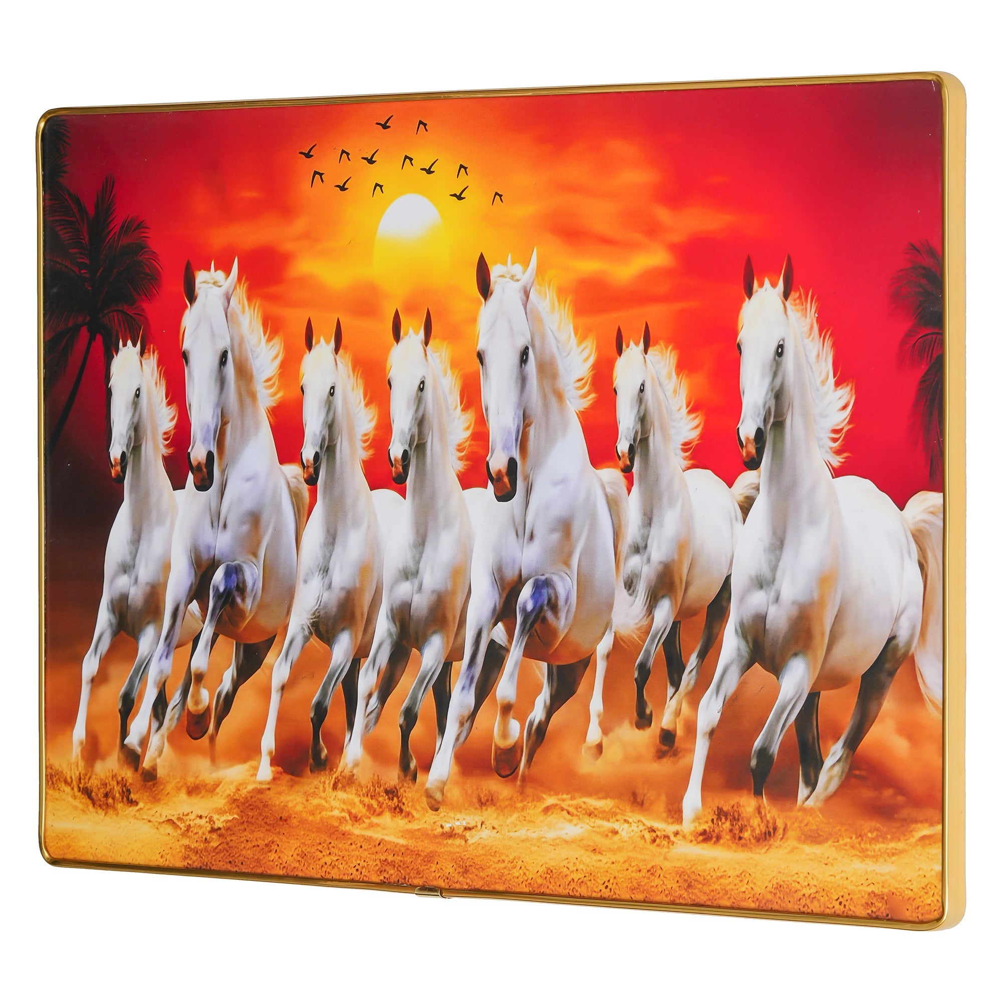 Premium Grand Sept Chevaux Galopants avec Cadre pour Mur Vastu Impression UV, Peinture sur Toile Fond Coucher de Soleil, Grande Peinture Décorative Sept Chevaux pour Salon Maison, (8 MM 44 CM)