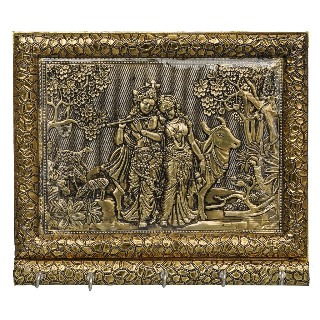 Support mural pour clés Radha Krishna avec vache en bois, fabriqué à la main, idéal pour la maison et le bureau (doré, 5 crochets)