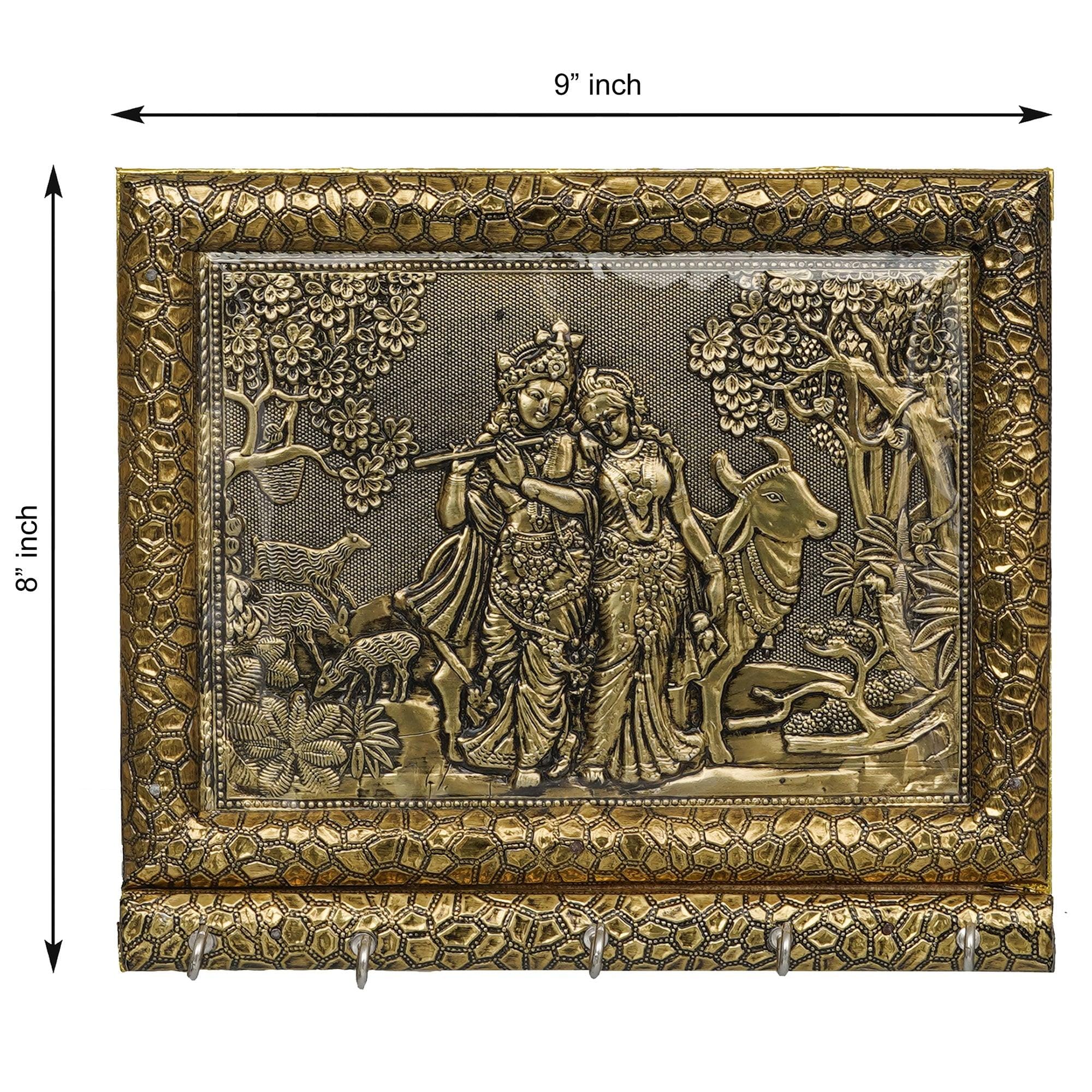 Support mural pour clés Radha Krishna avec vache en bois, fabriqué à la main, idéal pour la maison et le bureau (doré, 5 crochets)