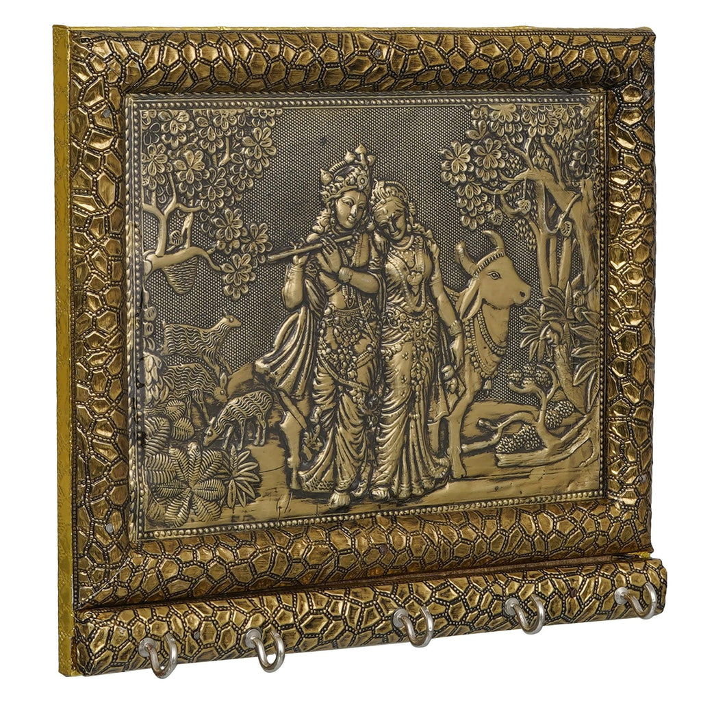 Support mural pour clés Radha Krishna avec vache en bois, fabriqué à la main, idéal pour la maison et le bureau (doré, 5 crochets)