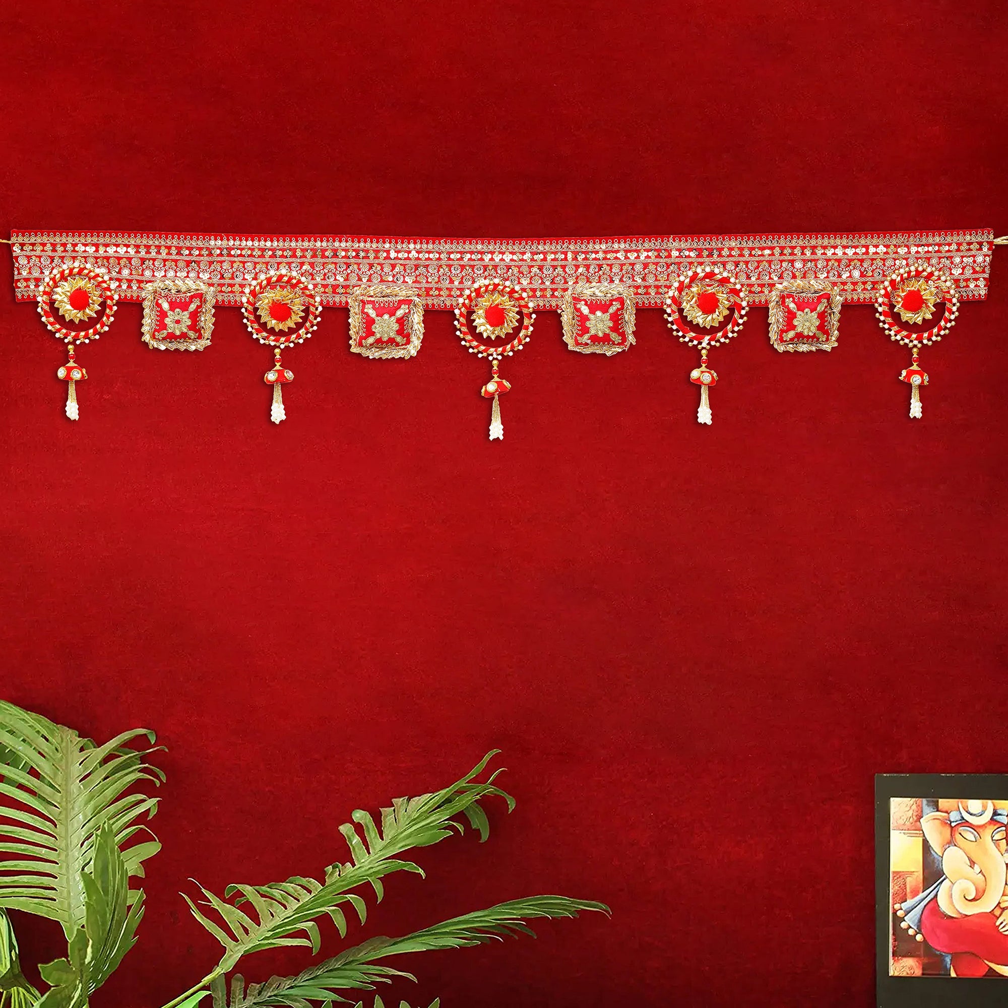 Toran de porte suspendu mural fait à la main Fleur Rouge Premium / Toran pour Décoration Murale Multicolore Décoration Diwali (42 pouces) Toran de porte
