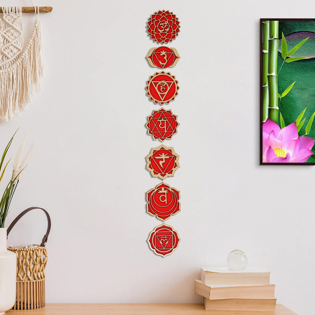 Autocollant mural en bois 7 chakras découpés au laser de qualité supérieure pour la maison/le bureau/le salon/la chambre à coucher - Autocollant pour la chance et l'énergie positive ( )