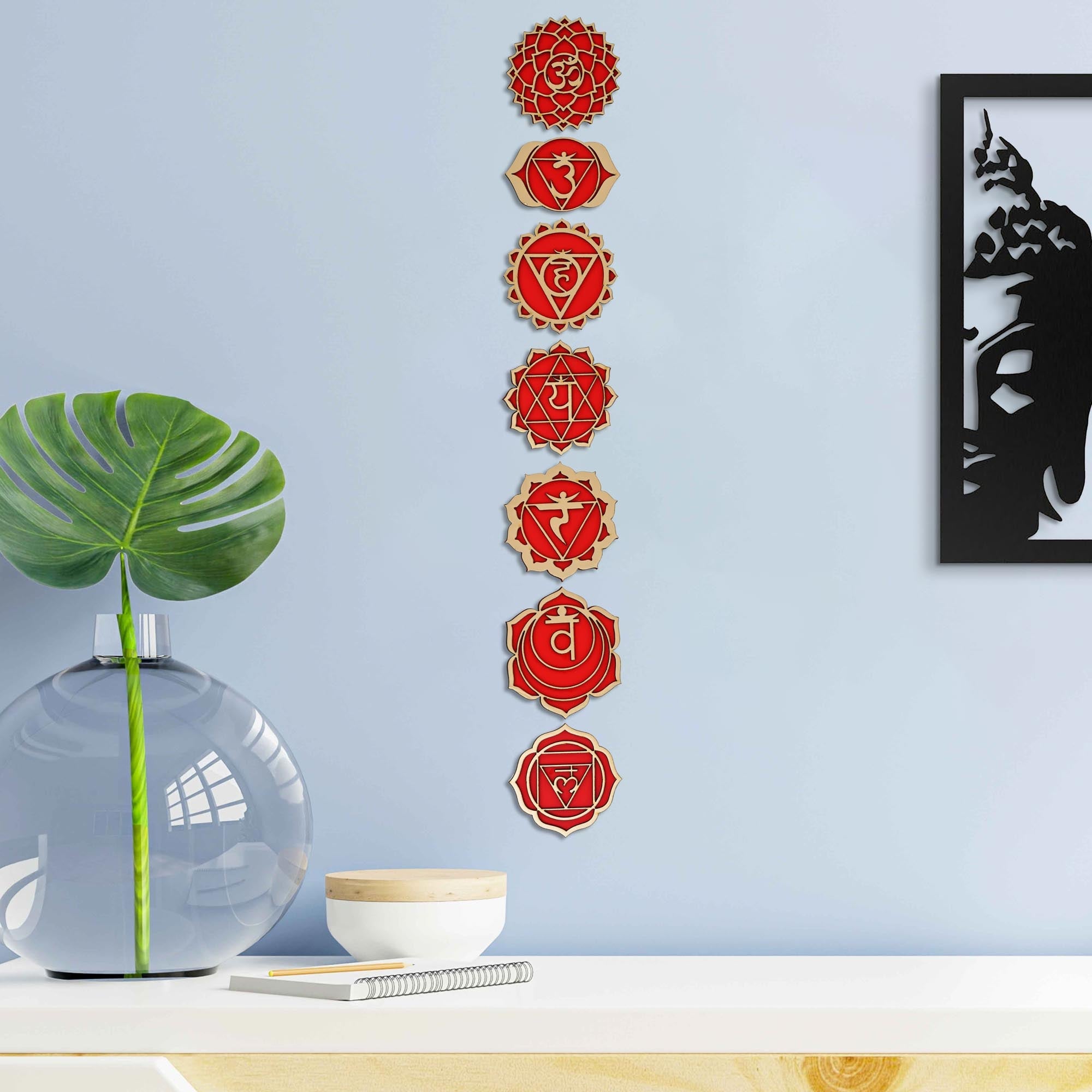 Autocollant mural en bois 7 chakras découpés au laser de qualité supérieure pour la maison/le bureau/le salon/la chambre à coucher - Autocollant pour la chance et l'énergie positive ( )