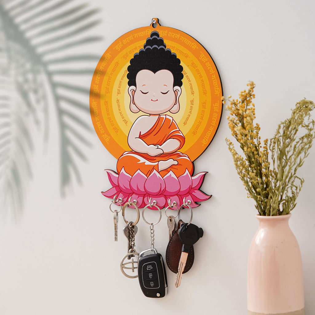 Porte-clés mural en bois imprimé premium Bouddha Gautam pour la décoration de la maison et du bureau - Objets de décoration murale, support mural pour clés (Multi, 25 cm)