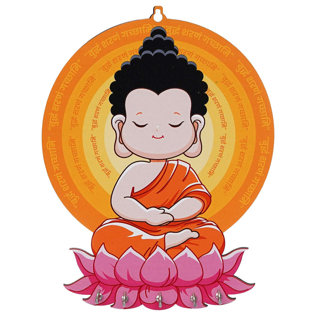 Porte-clés mural en bois imprimé premium Bouddha Gautam pour la décoration de la maison et du bureau - Objets de décoration murale, support mural pour clés (Multi, 25 cm)