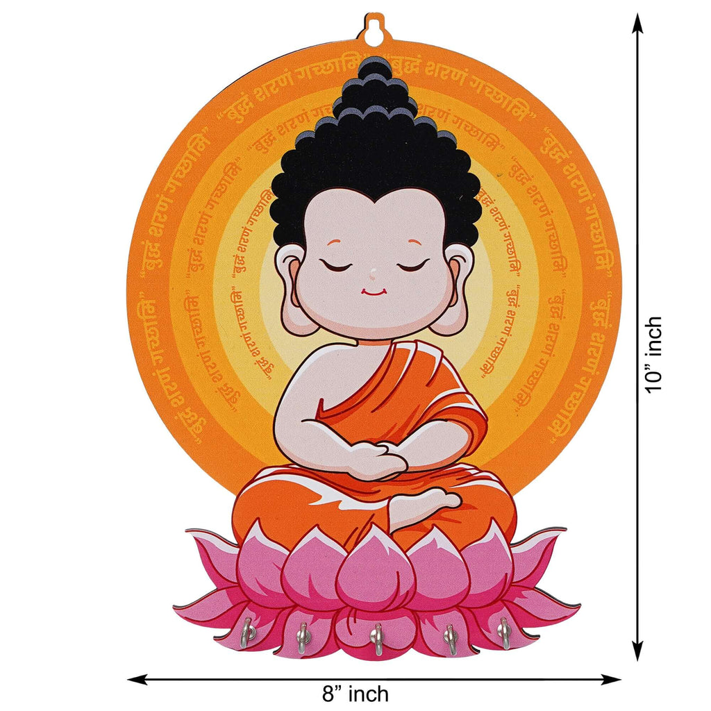 Porte-clés mural en bois imprimé premium Bouddha Gautam pour la décoration de la maison et du bureau - Objets de décoration murale, support mural pour clés (Multi, 25 cm)