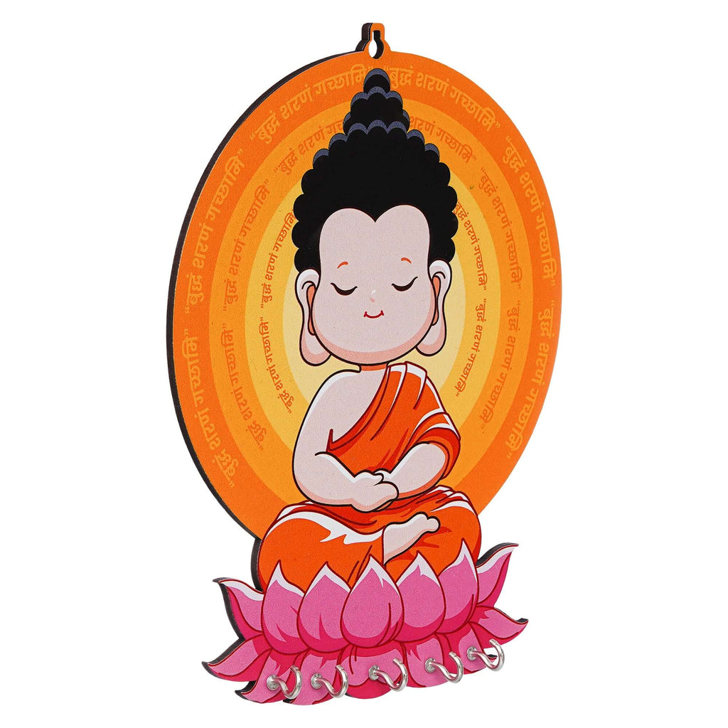 Porte-clés mural en bois imprimé premium Bouddha Gautam pour la décoration de la maison et du bureau - Objets de décoration murale, support mural pour clés (Multi, 25 cm)
