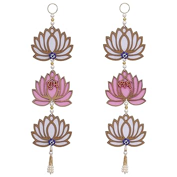 Fleur de lotus rose et blanche avec suspension murale pour la décoration de Diwali | Décoration murale | Décoration murale pour temple pour la maison et le bureau (bois) 40 cm