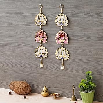 Fleur de lotus rose et blanche avec suspension murale pour la décoration de Diwali | Décoration murale | Décoration murale pour temple pour la maison et le bureau (bois) 40 cm