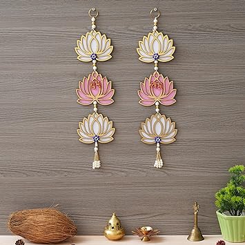 Fleur de lotus rose et blanche avec suspension murale pour la décoration de Diwali | Décoration murale | Décoration murale pour temple pour la maison et le bureau (bois) 40 cm